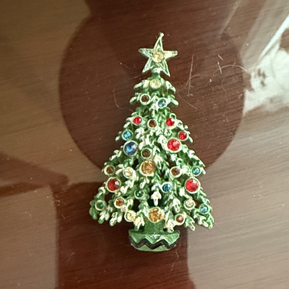 Festive Christmas Tree Brooch with Colorful Gems, Vintage